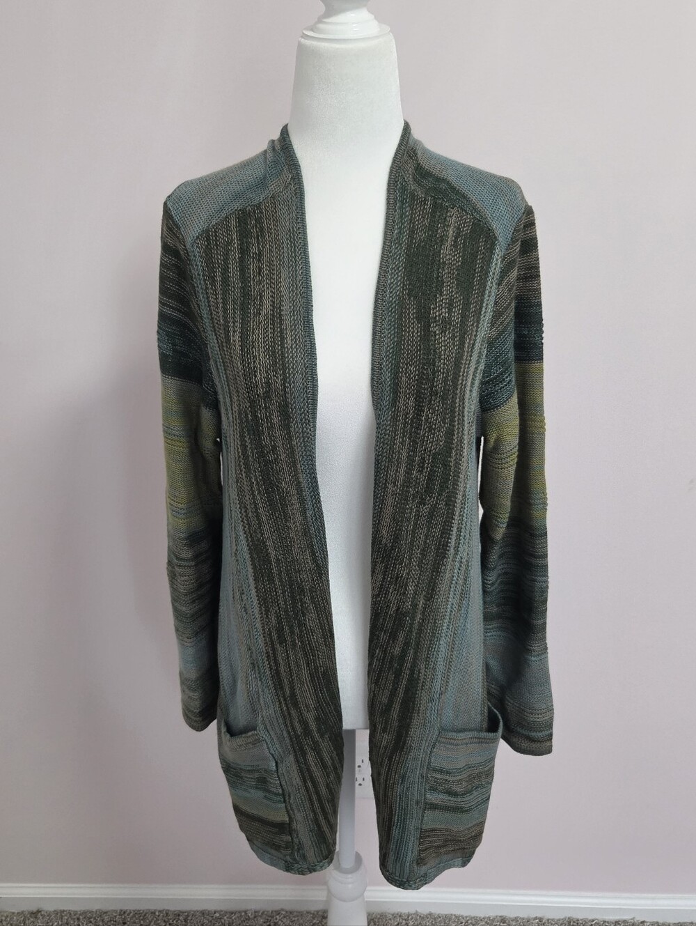 NWT J. Jill Open Front Green Wool Blend Artsy Boho Earthy Space Dye Cardigan | M